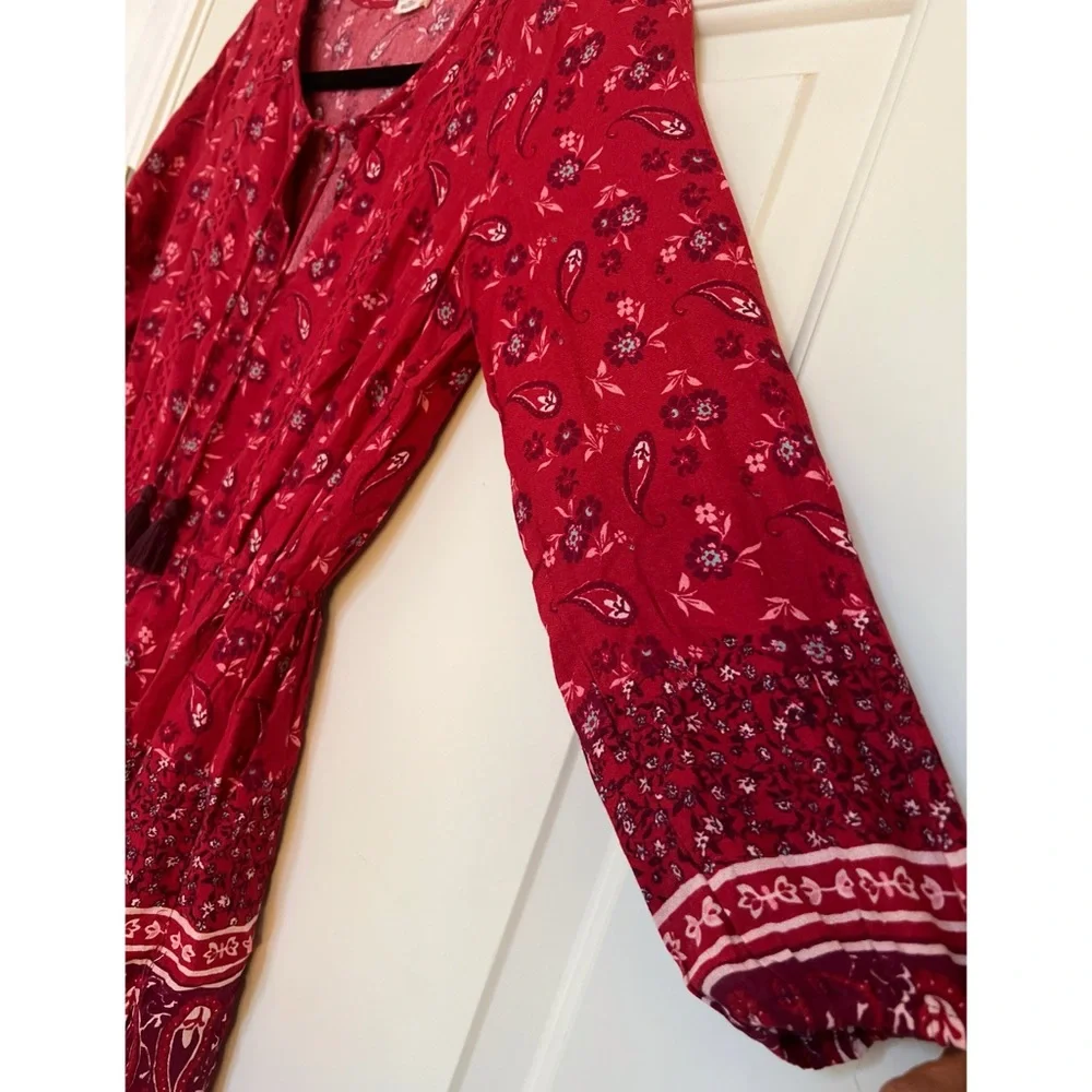 Hollister Red Tassel Floral Paisley Boho Mini Dress - Size XS